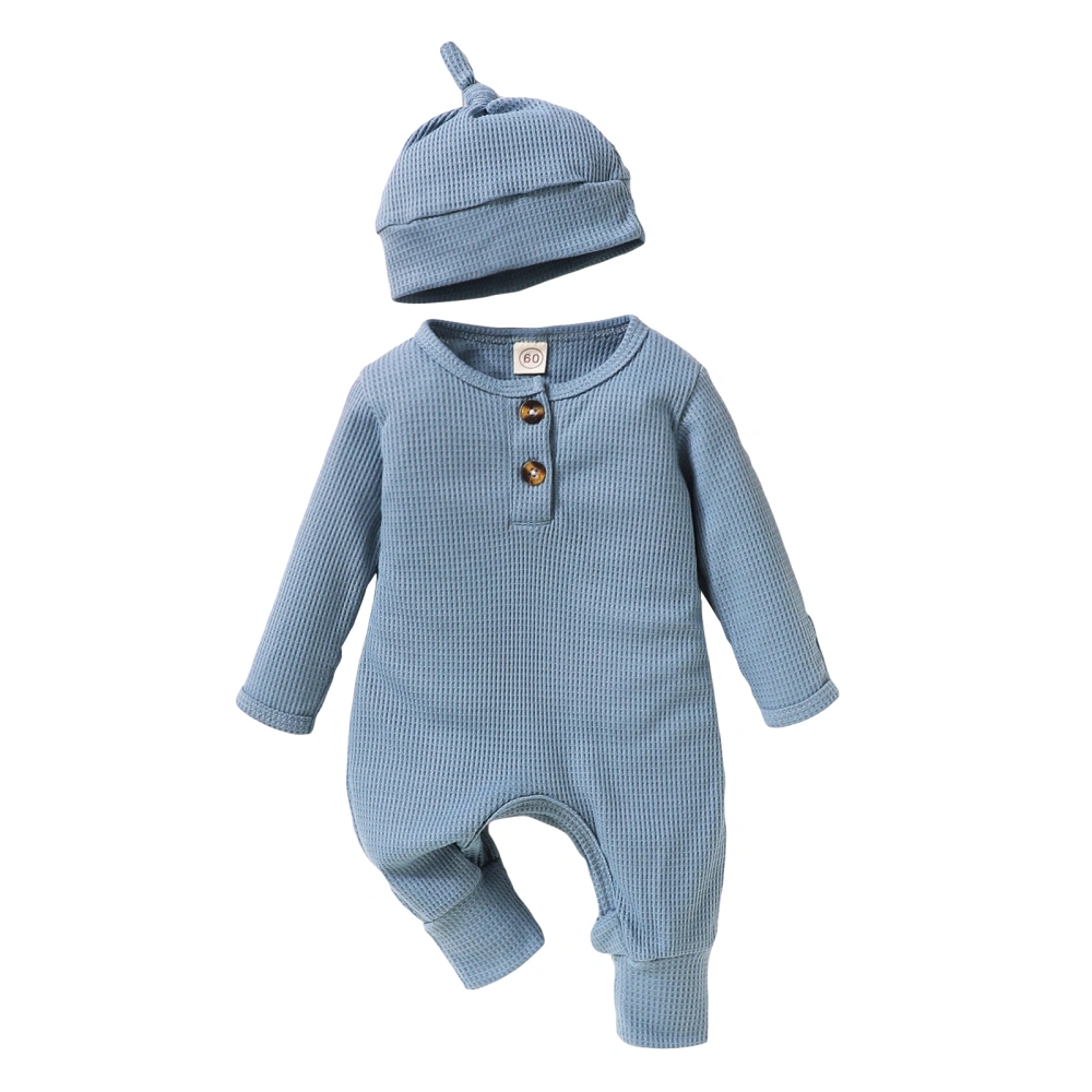 Baby Boys Waffle Rompers Solid Color Buttons Jumpsuits with Hat