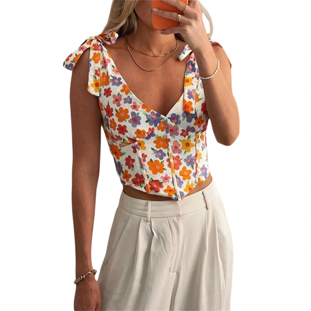 Women's Camisole, Flower Print V-neck Backless Tie-Up Crop Tops