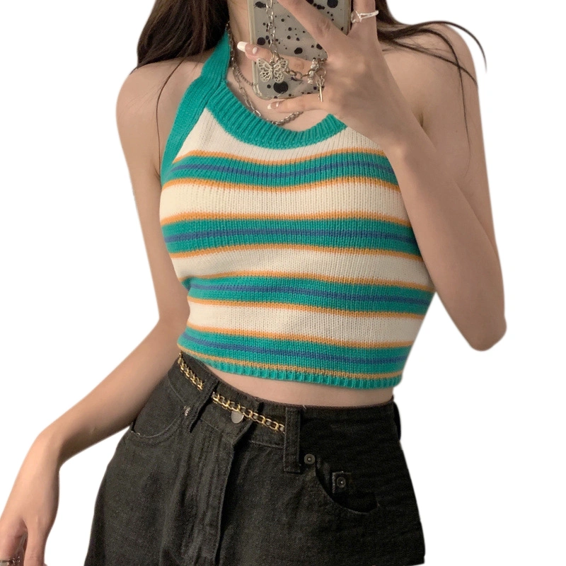 Women’s Stripe Bandage Backless Exposed Navel Halter Knitted Vest