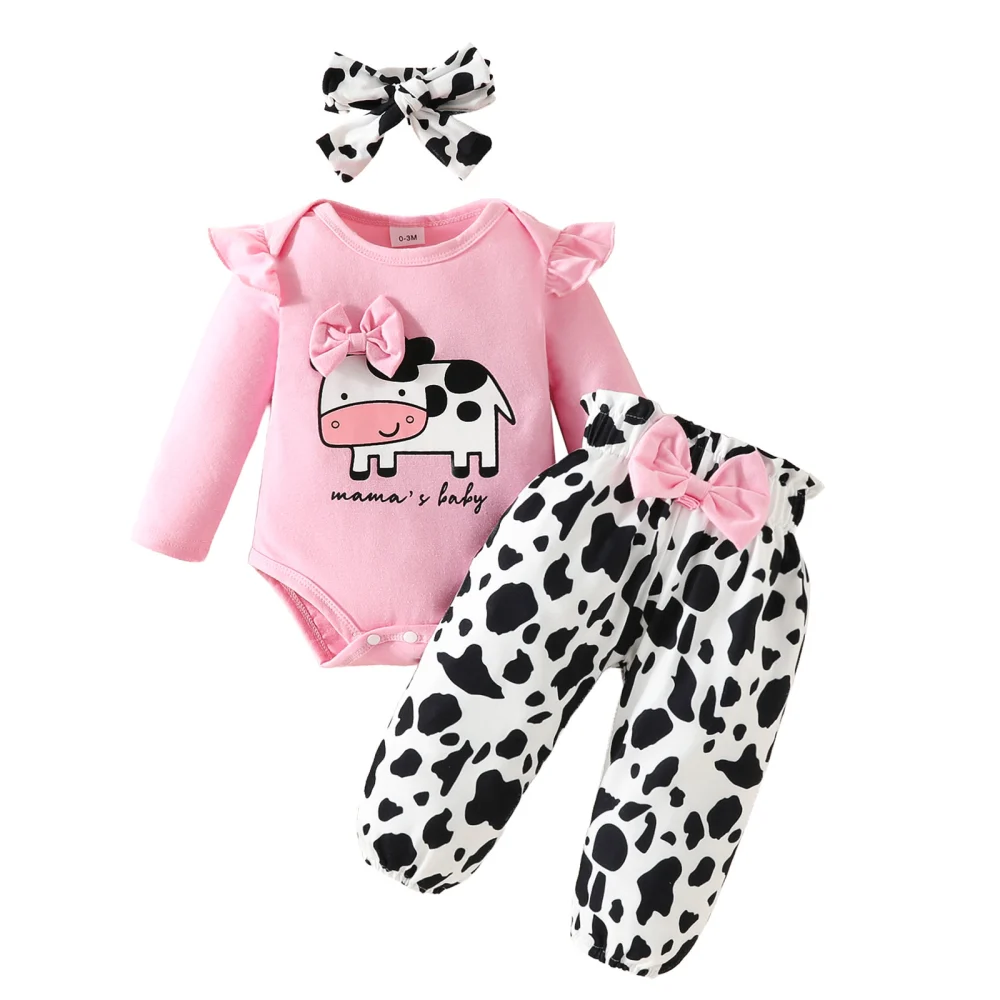 3Pcs Baby Girl Fall Outfits Cow Print Romper + Bow Pants + Headband