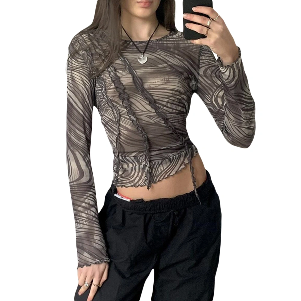 Women T-shirt Long Sleeve Crew Neck Lines Print Frills Casual Tops