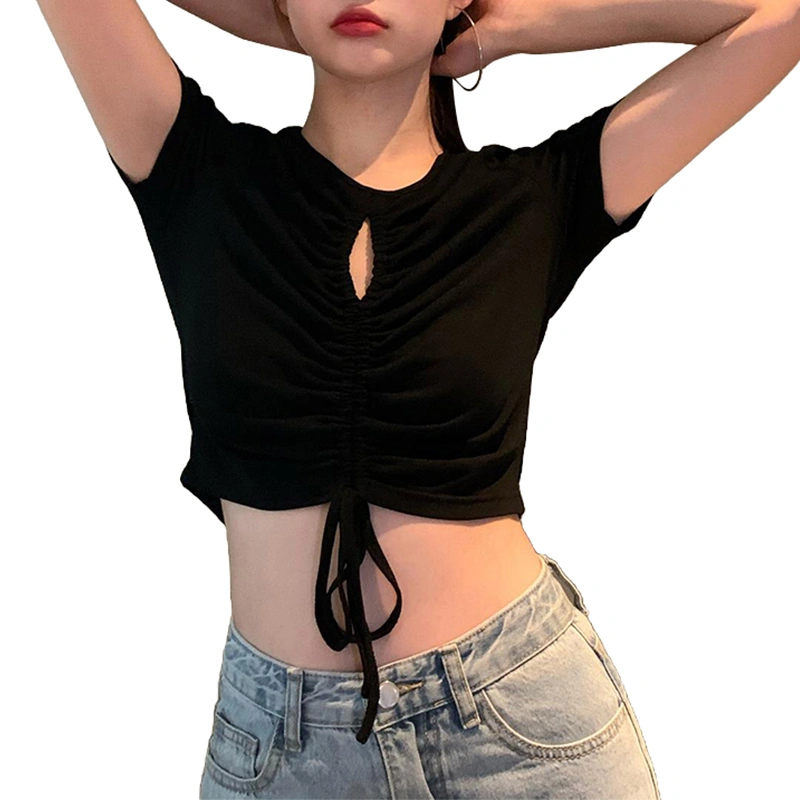 Ruched T-shirt, Solid Color Short Sleeve Round Neck Cutout Crop Tops