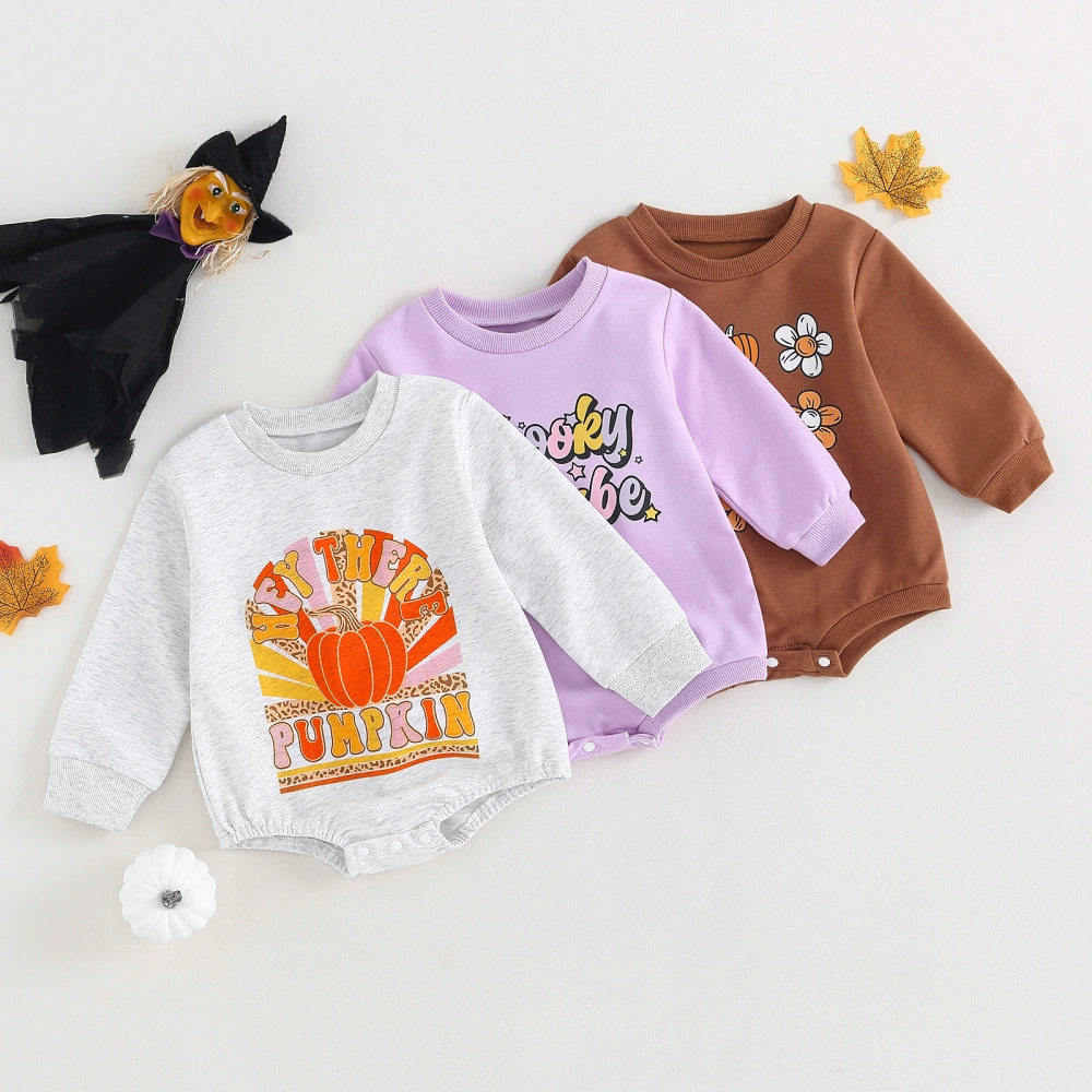 Halloween Baby Girls Romper, Long Sleeve Pumpkin Print Fall Bodysuit