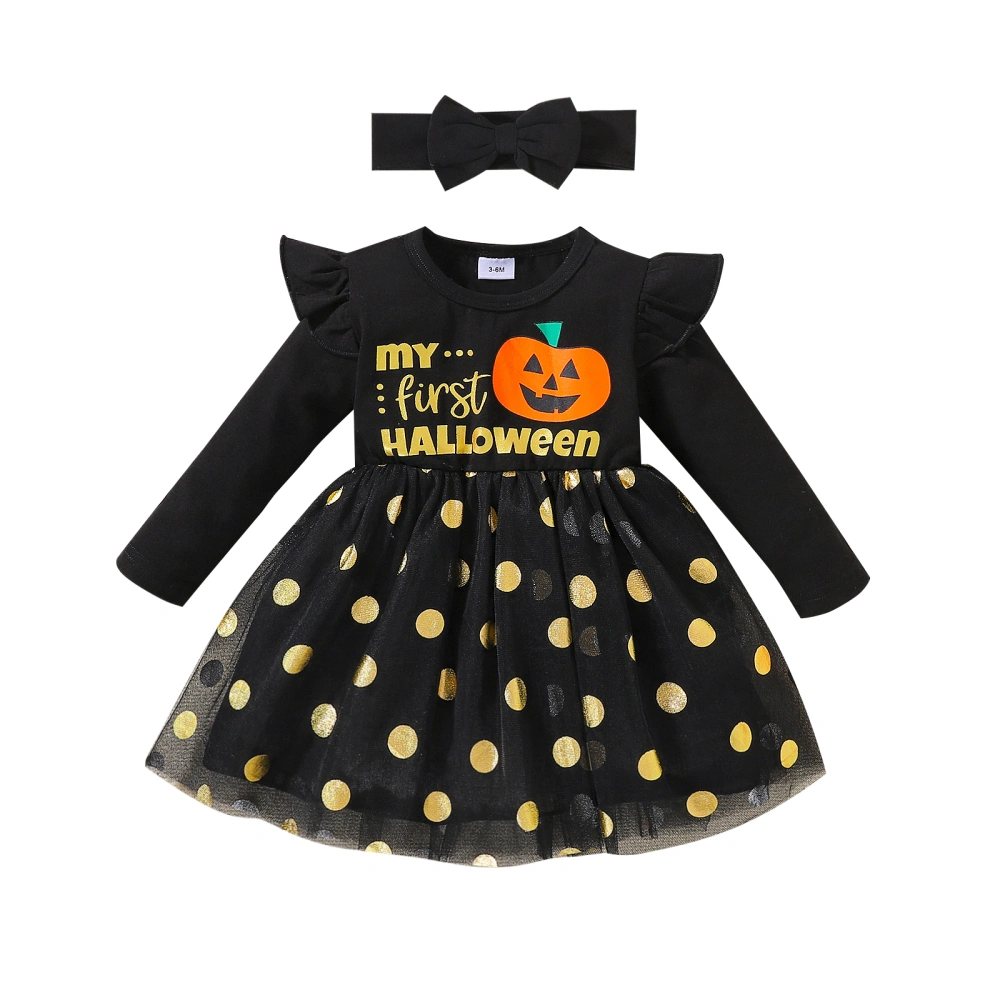 Girls Halloween Dress and Headband, Printing Long Sleeve Yarn Skirt