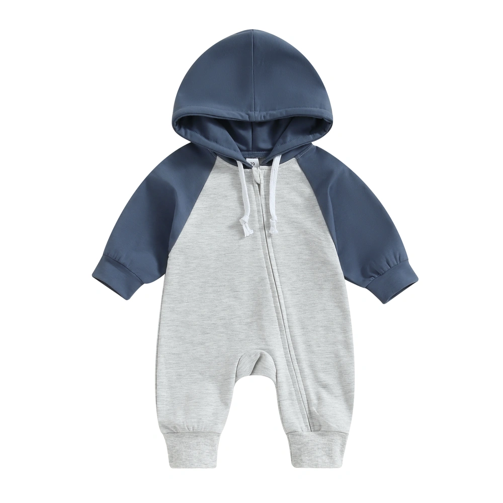 Baby Jumpsuit, Long Sleeve Hooded Contrast Color Zipped Fall Romper