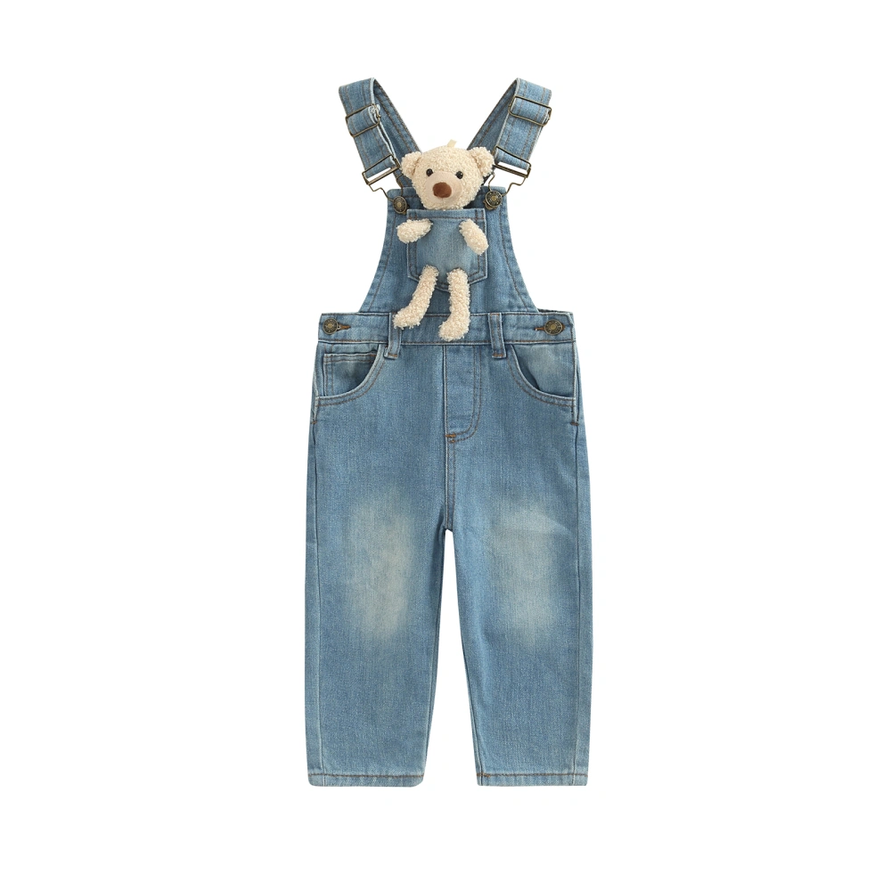 Girls Suspender Pants with Cartoon Bear Doll, Blue Loose Fit Jeans