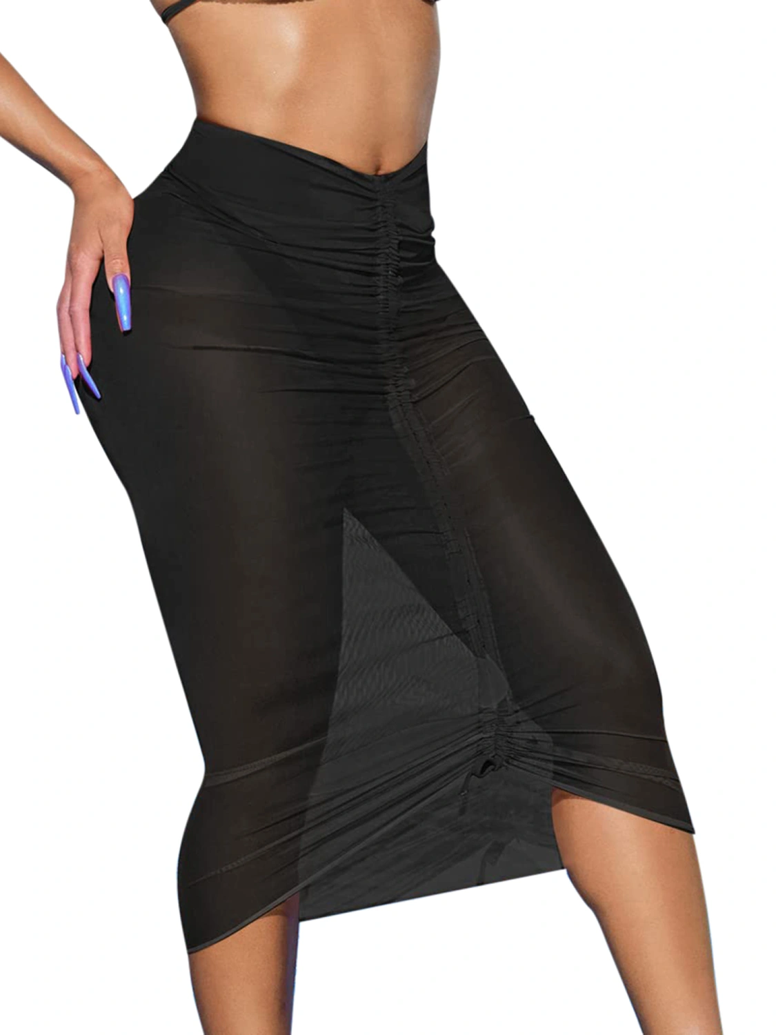 Women Swimming Cover-up Skirt Summer Beach Sheer Drawstring Skirt 