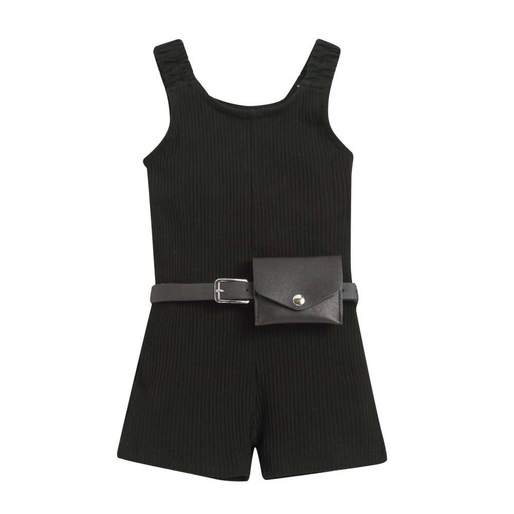 Girl's Jumpsuit Set, Wide Strap Sleeveless Ribbed Playsuit + Waist Bag