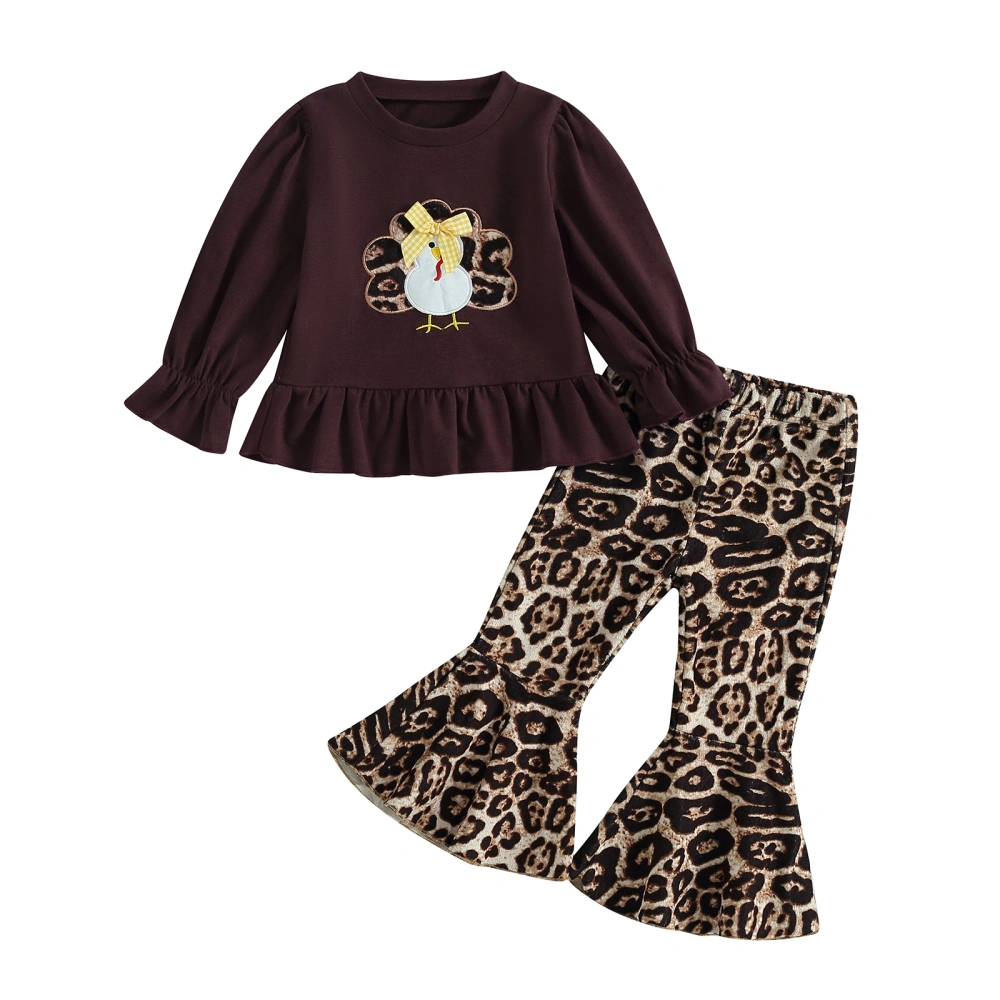 Kids Girl Fall Outfits Turkey Pattern Tops Leopard Print Flare Pants