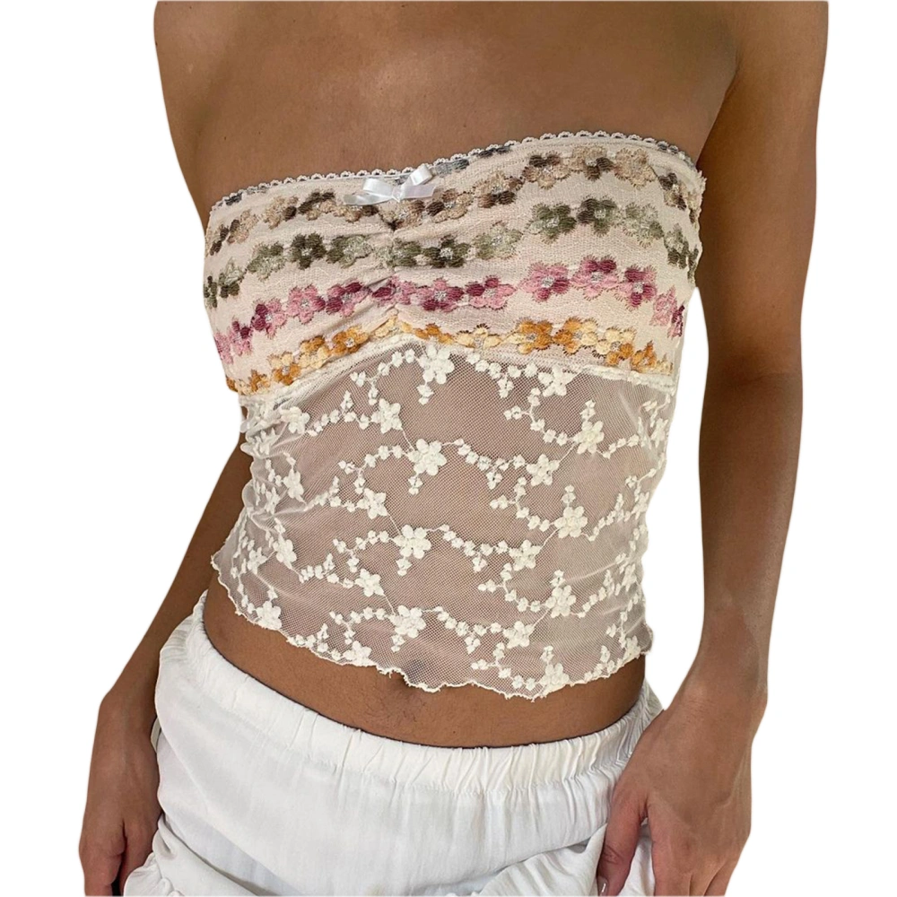 Women Crop Vest Tops, Sleeveless Off Shoulder Floral See Through Shirt