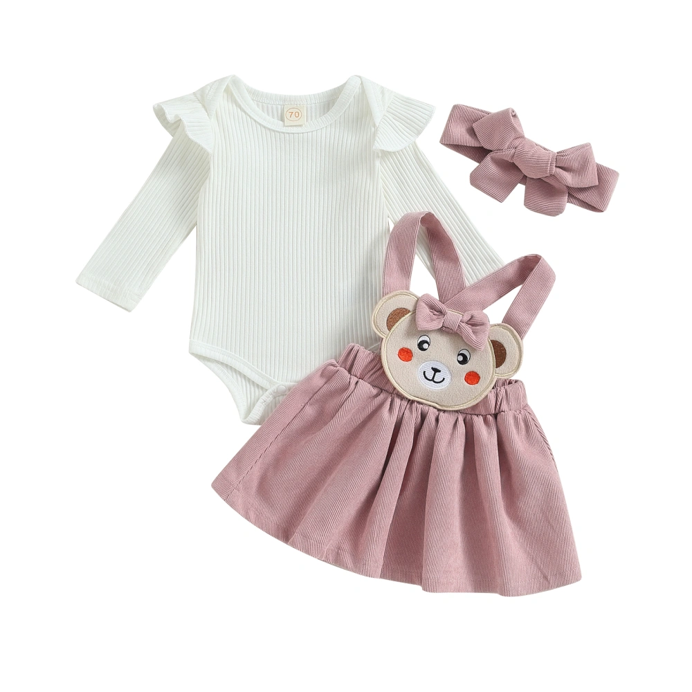 Baby Girls Skirt Set, Long Sleeve Romper Bear Suspender Skirt Headband