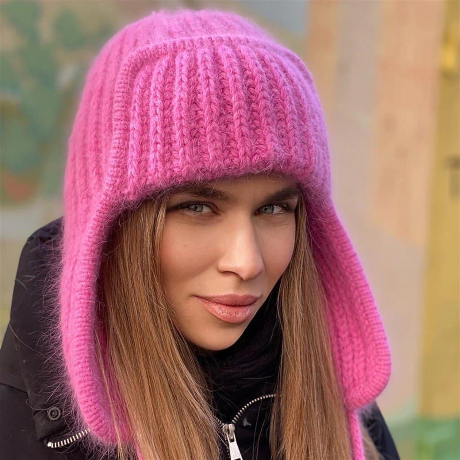 Autumn Winter Ladies Knitted Hat, Flanging Tie Up Windproof Warm Cap