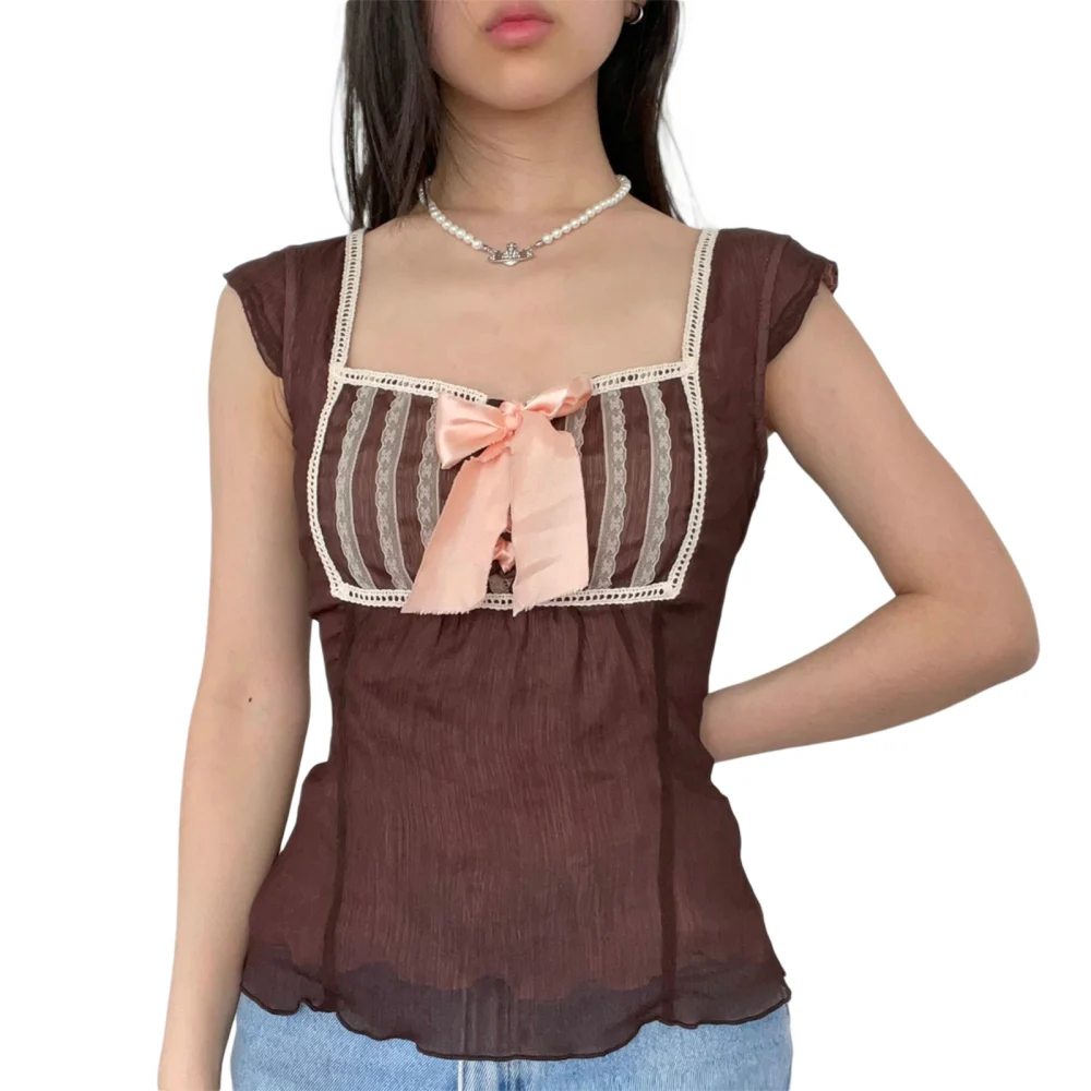 Women Vintage Tops, Lace Trim Square Neck Cap Sleeve Bowknot T-shirts 