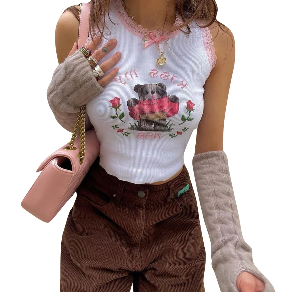 Women Summer Slim Vest, Lace Trim Cartoon Bear Print Cropped Tank Tops