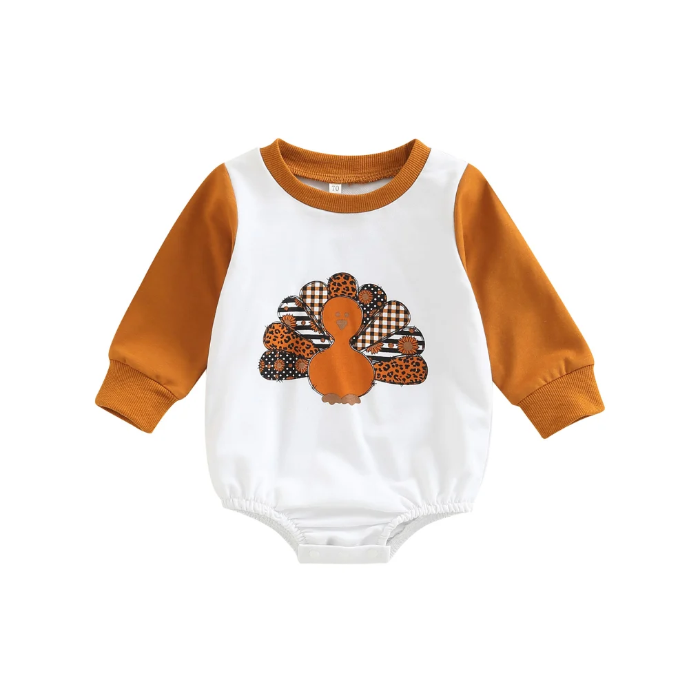 Babies Thanksgiving Day Romper, White Patchwork Turkey Print Overalls