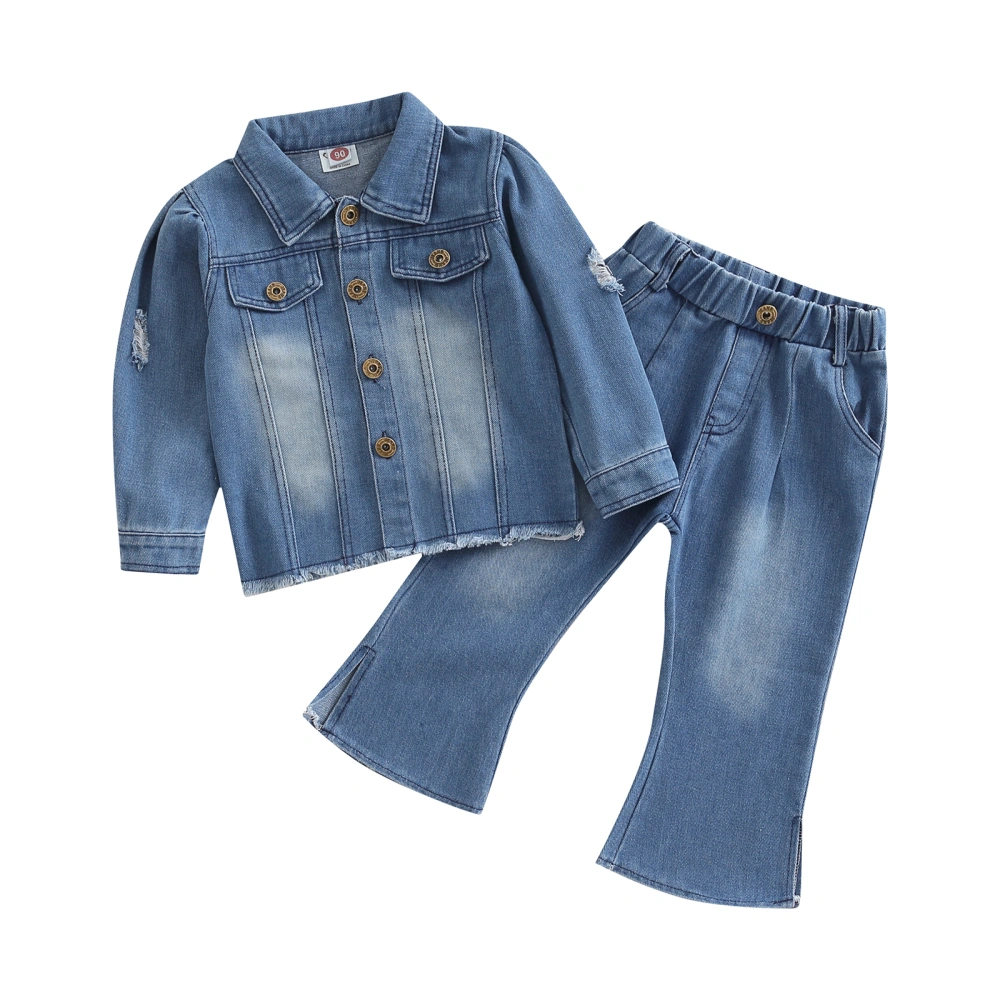 2Pcs Girls Fall Outfits, Button Down Denim Jacket + Jeans Set