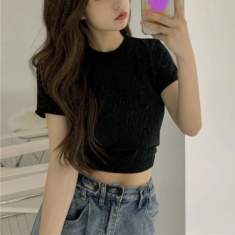 Tie-up Backless Solid Color Short Sleeve Round Neck Knit Crop Tops