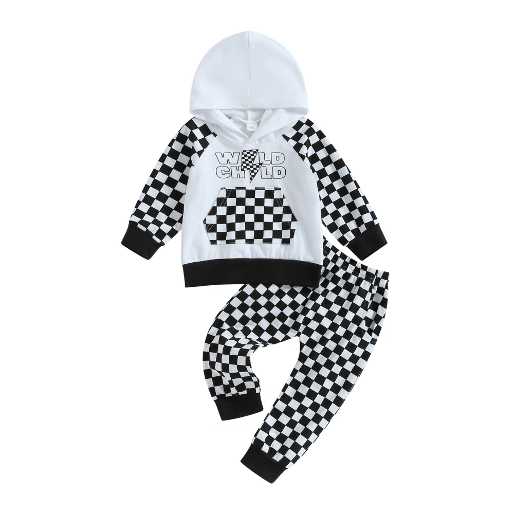 Boy Clothes Checkerboard Print Long Sleeve Hood Sweatshirt Tops Pants