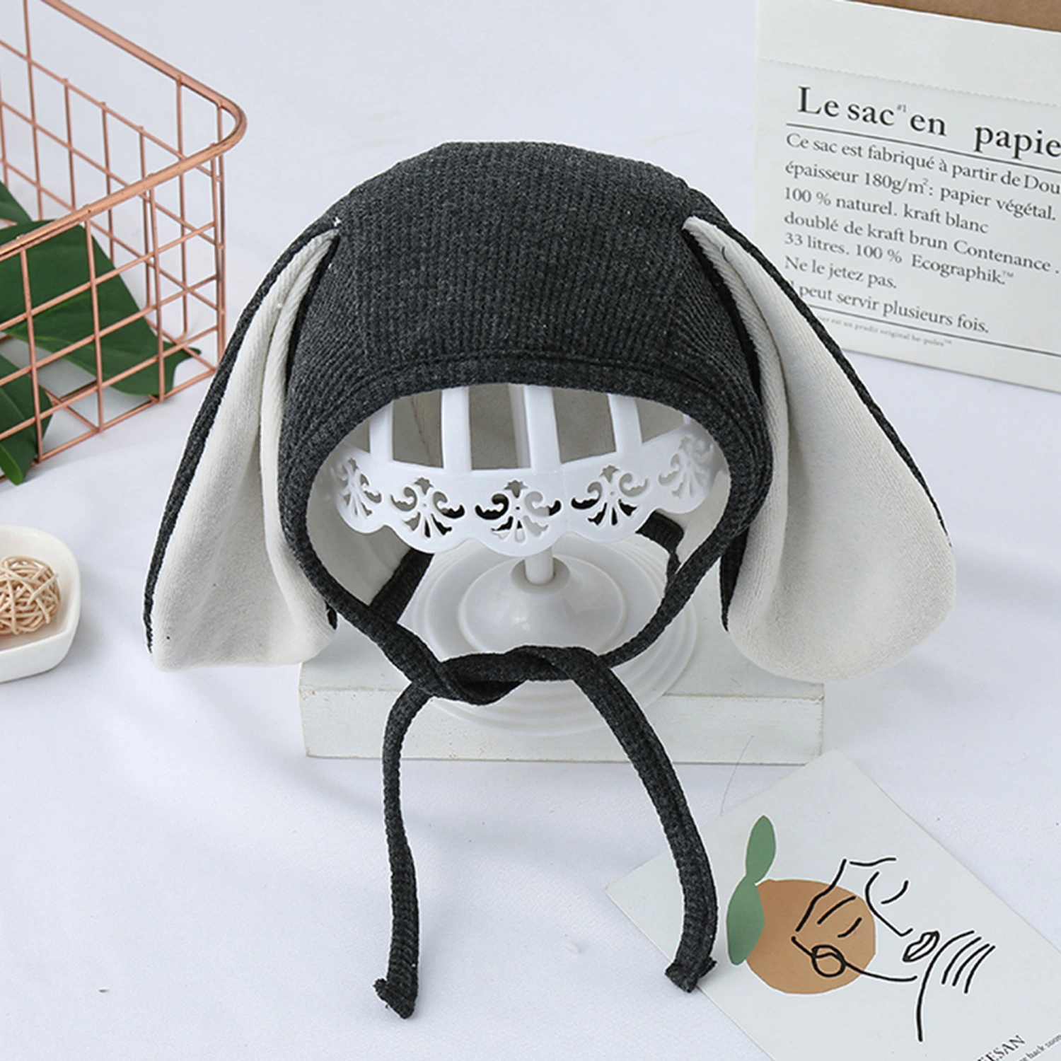 Newborn Baby Casual Hat, Rabbit Ears Grid Texture Plush Bandage Hat