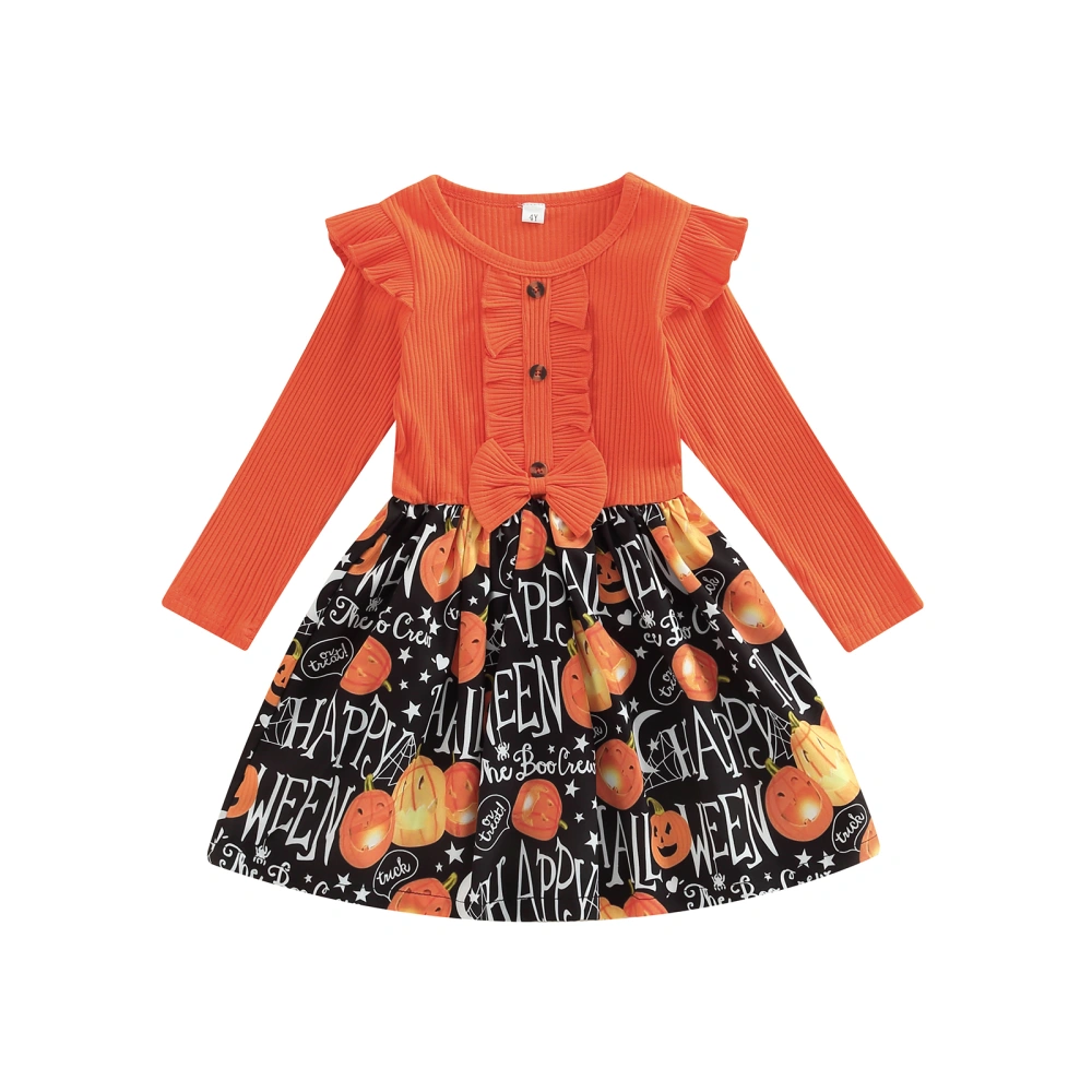 Kids Girl Long Sleeve Dress with Pumpkin Letter Print, Ruffle Clothing