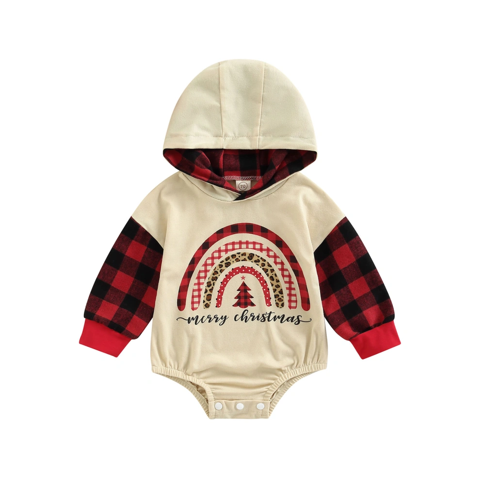 Baby Hooded Neck Letters Rainbow Plaid Print Loose Short Romper 