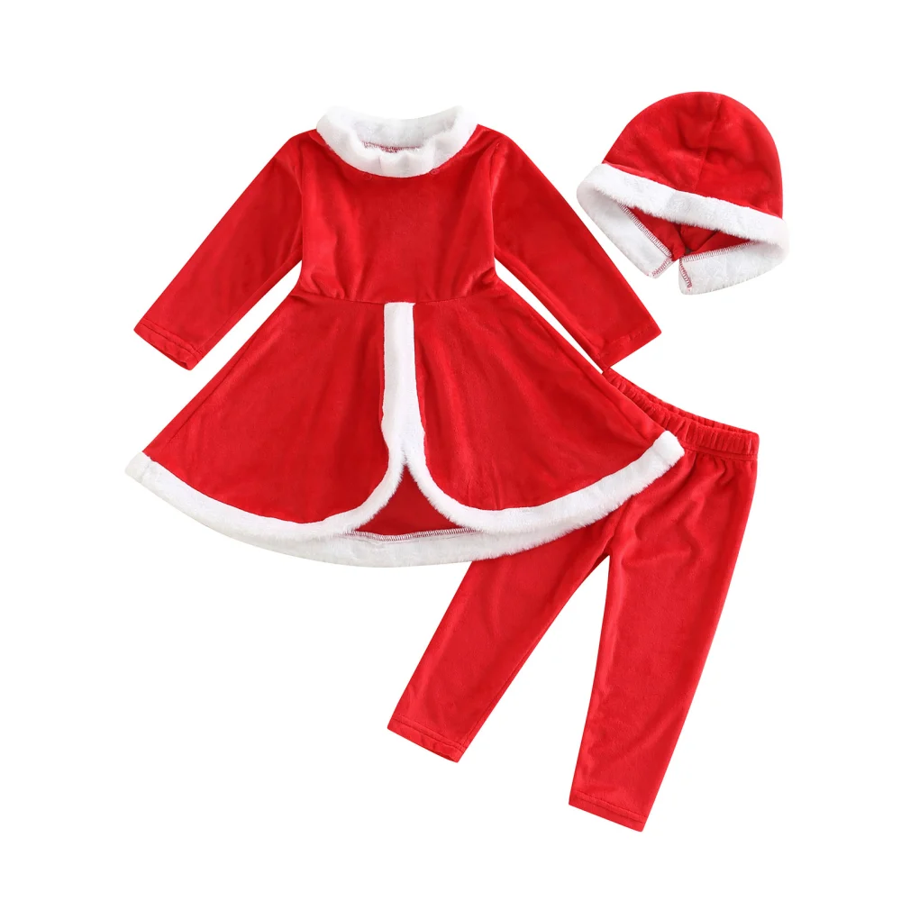 Kid Long Sleeve Plush Stand Neck Christmas Shirt + Trousers + Hat 