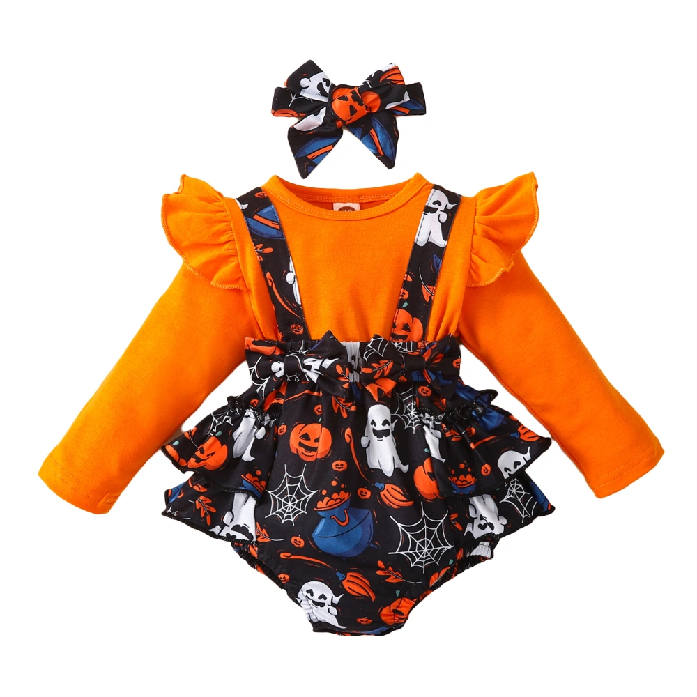 Girls Halloween Romper Set, Long Sleeve Pumpkin Bodysuit + Hairband