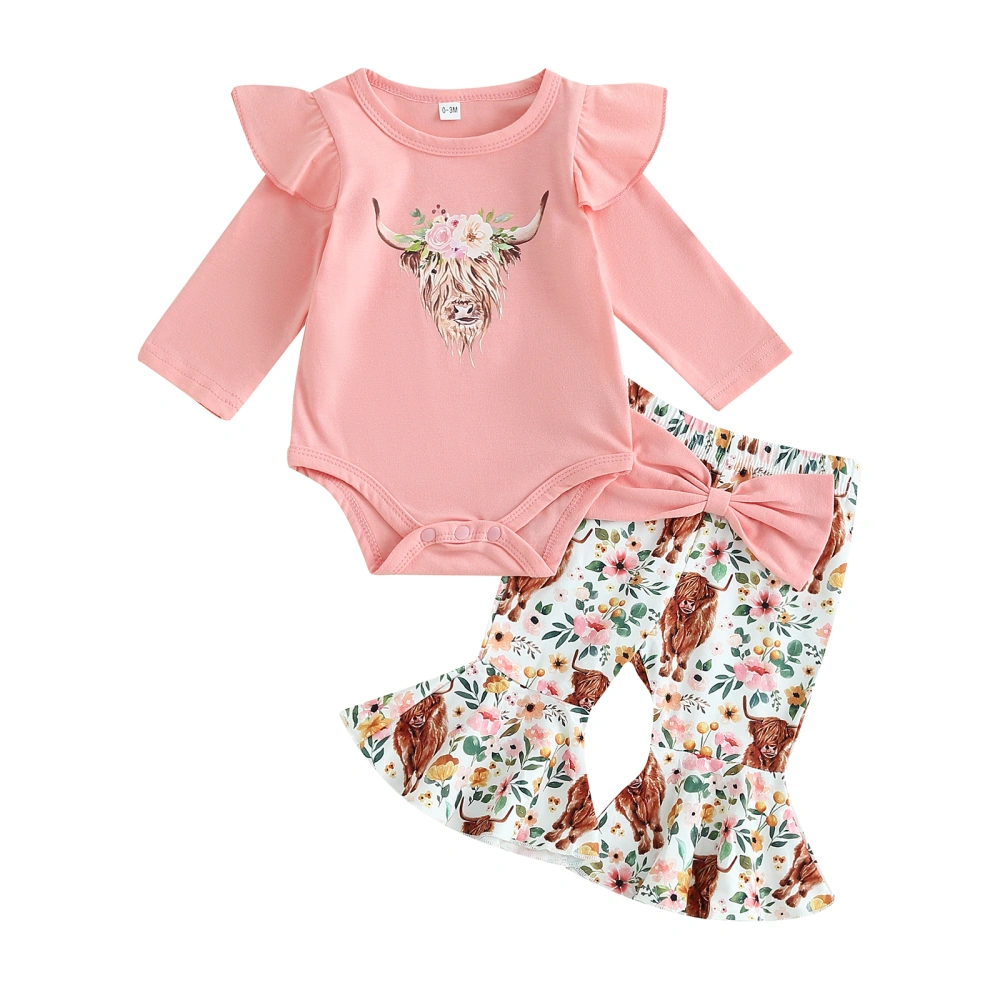 Baby Long Sleeve Romper Cattle Head Print Flared Pants Headband Sets