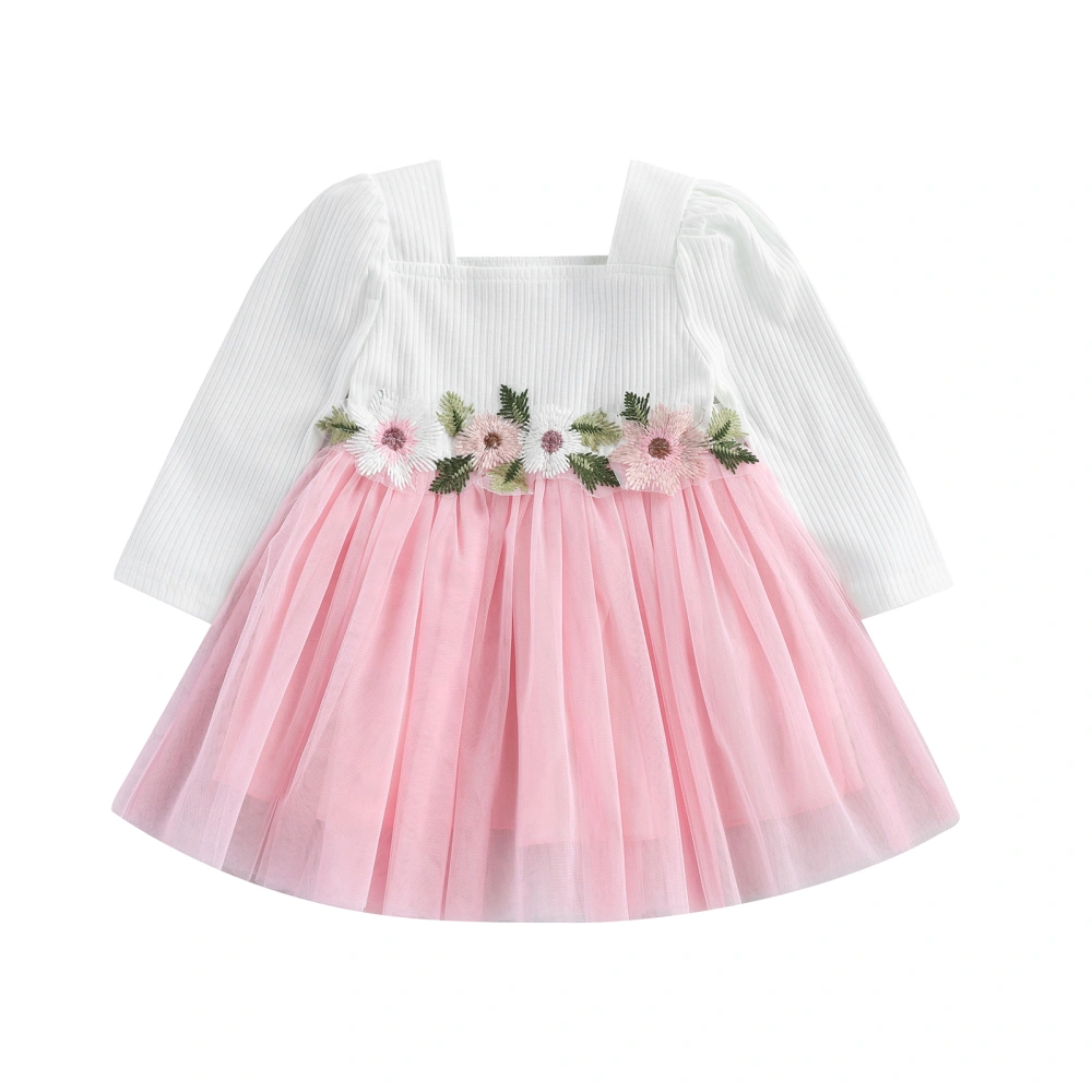 Toddler Girls Long Sleeve Tulle Patchwork Dress with Flower Decor