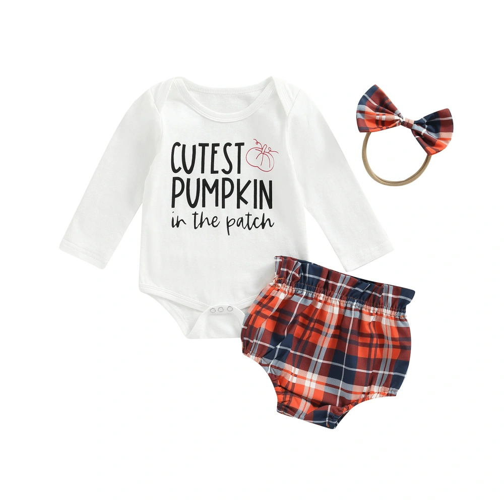 Infant Baby Long Sleeve Letter Print Romper + Plaid Shorts + Headband