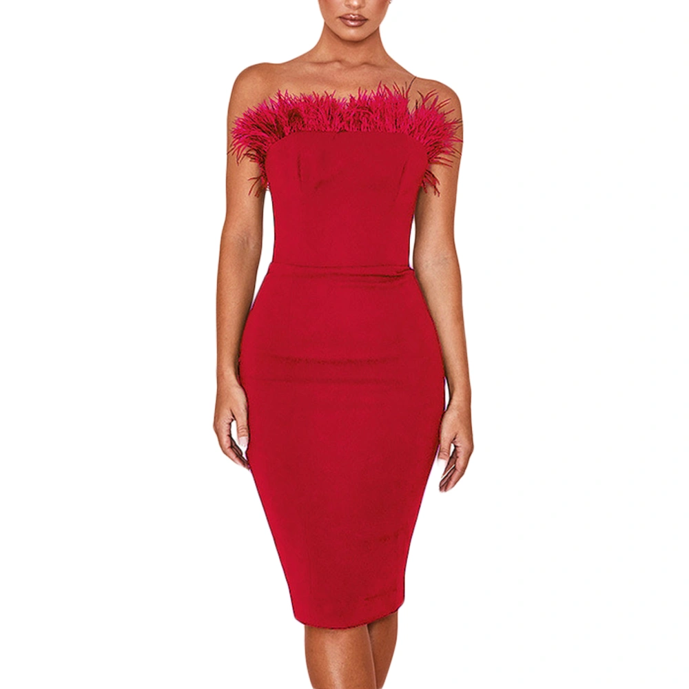 Women's Bodycon Dress, Strapless Sleeveless Feather Trim Midi Dresses