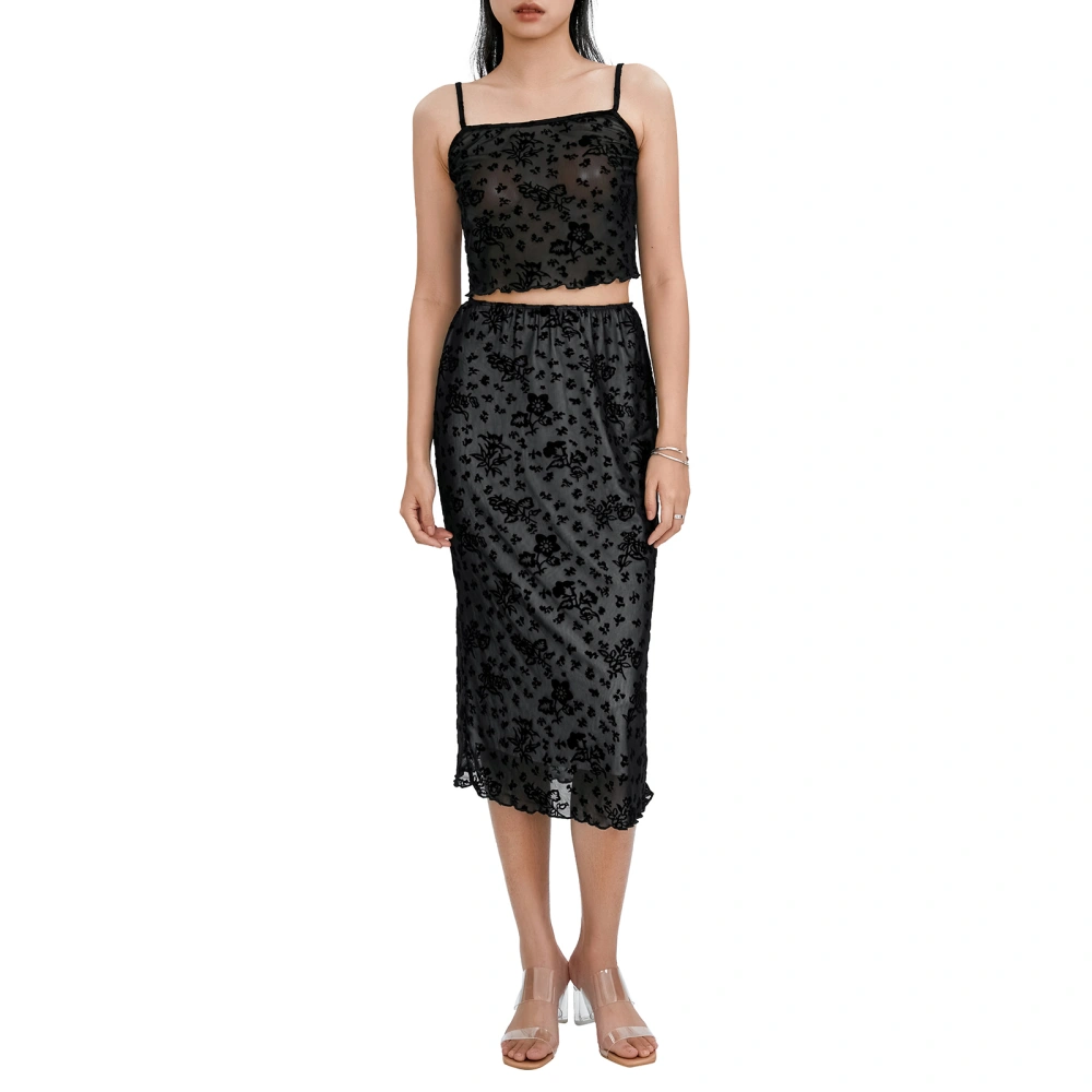 Women's Summer Black Lace Cami Tops and Midi Bodycon Skirt Set 