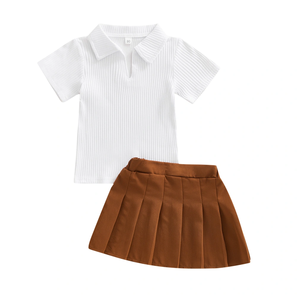 Girls White V-neck Short Sleeve Ribbed Tops and Brown Pleated Skirt