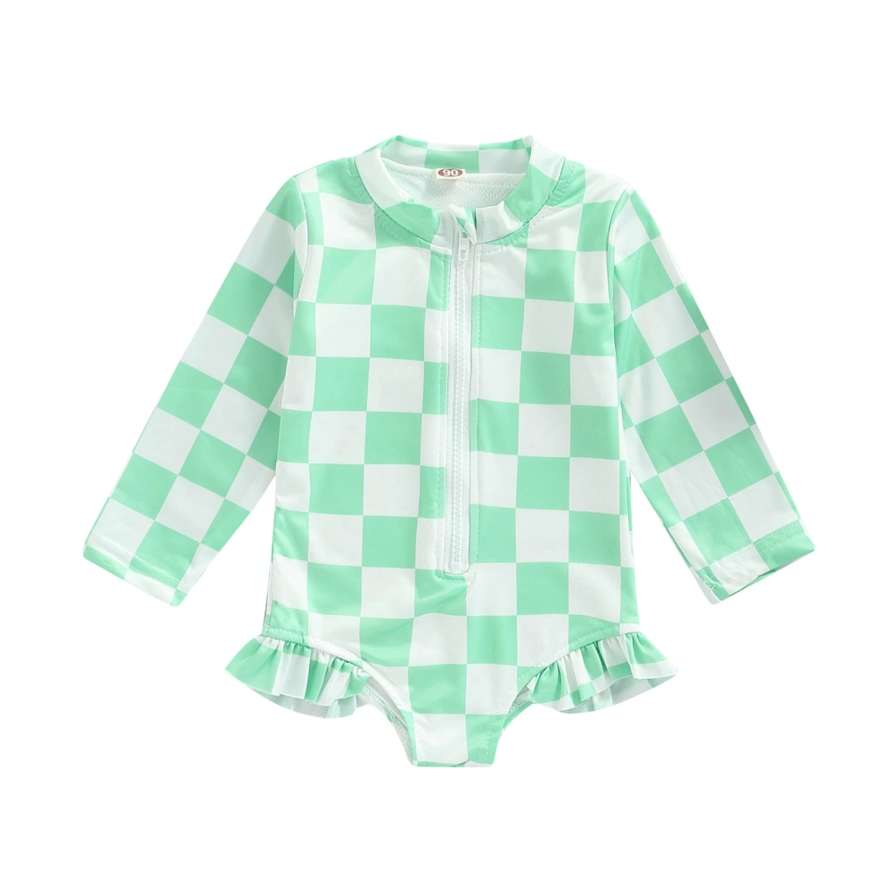 Girls Swimwear Romper, Checkerboard Long Sleeve Zipper Bodysuit