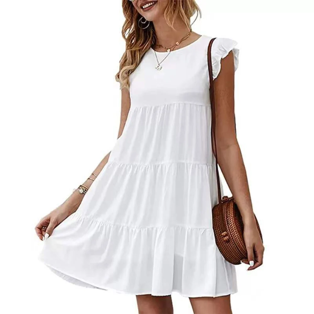 Pleated Dress, Spring Solid Color Round Neck Short Sleeve One-piece