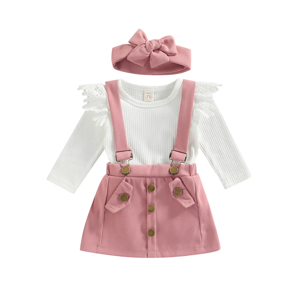 Baby Girl Outfits, Long Sleeve Romper+Suspender Short Skirt+Headband