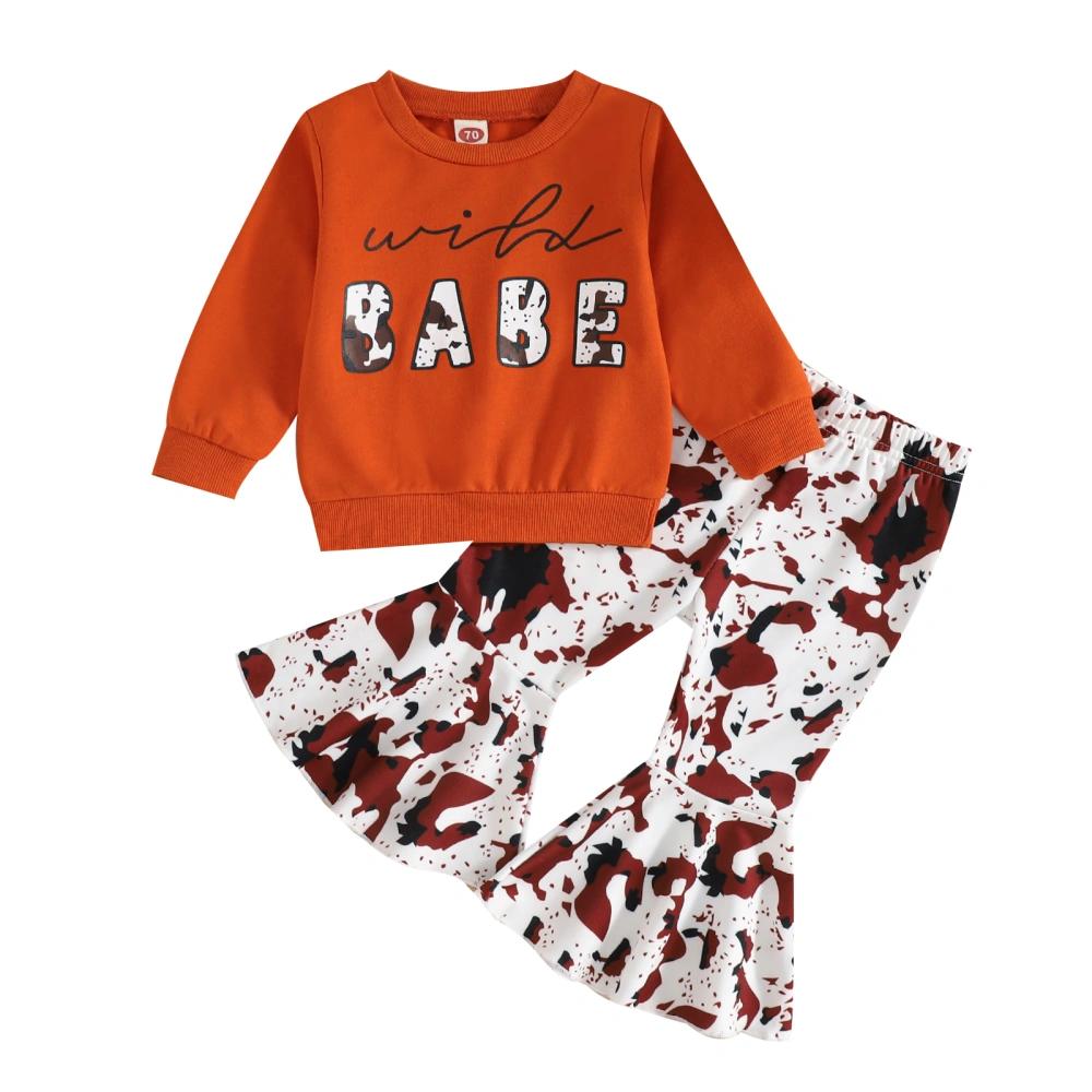 Girl Letter Print Long Sleeve Round Neck Pullover + Cow Flare Trousers