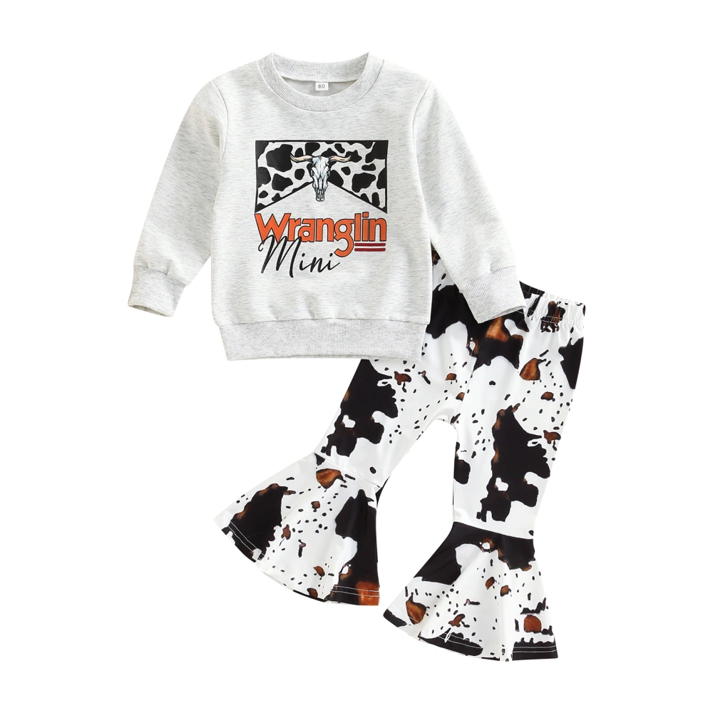 Girl Letter Print Long Sleeve Pullover + Cow Spot Print Flare Trousers