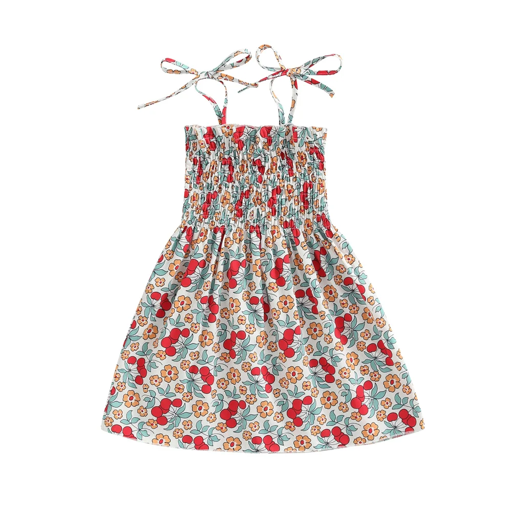 Little Girls Dress Sling Ruched Floral/Strawberry Print A-line Dress