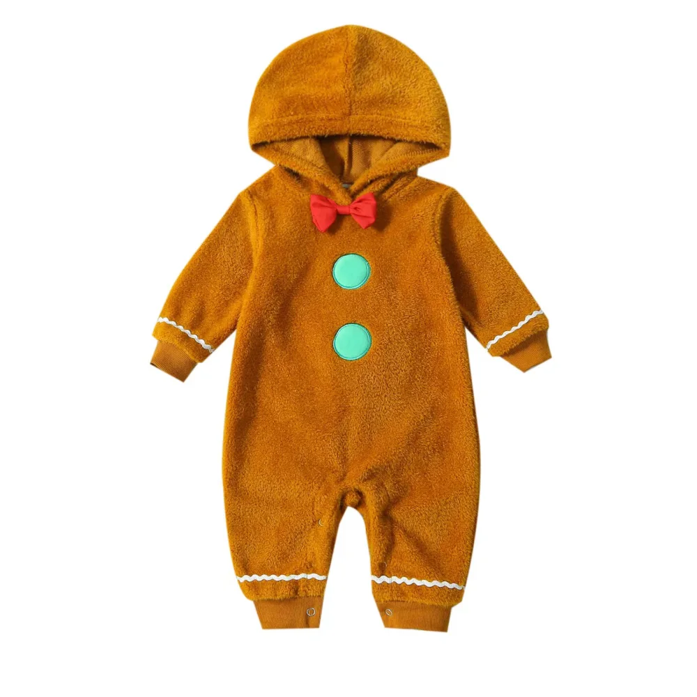 Infant Baby Christmas Fuzzy Jumpsuit Gingerbread Man Hooded Romper