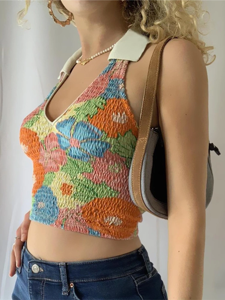 Women Halter Top, Sleeveless Tops Backless Flower Pleated Summer Vest