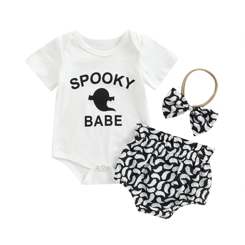 Girls Halloween White Romper + Ghost Print PP Shorts + Headband