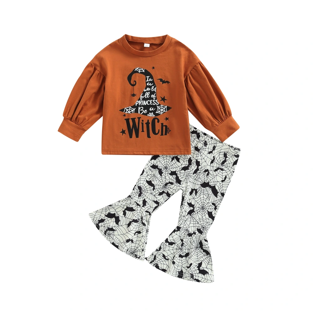 Girl Halloween Long Sleeve Witch Hat Print Sweatshirt + Flare Pants