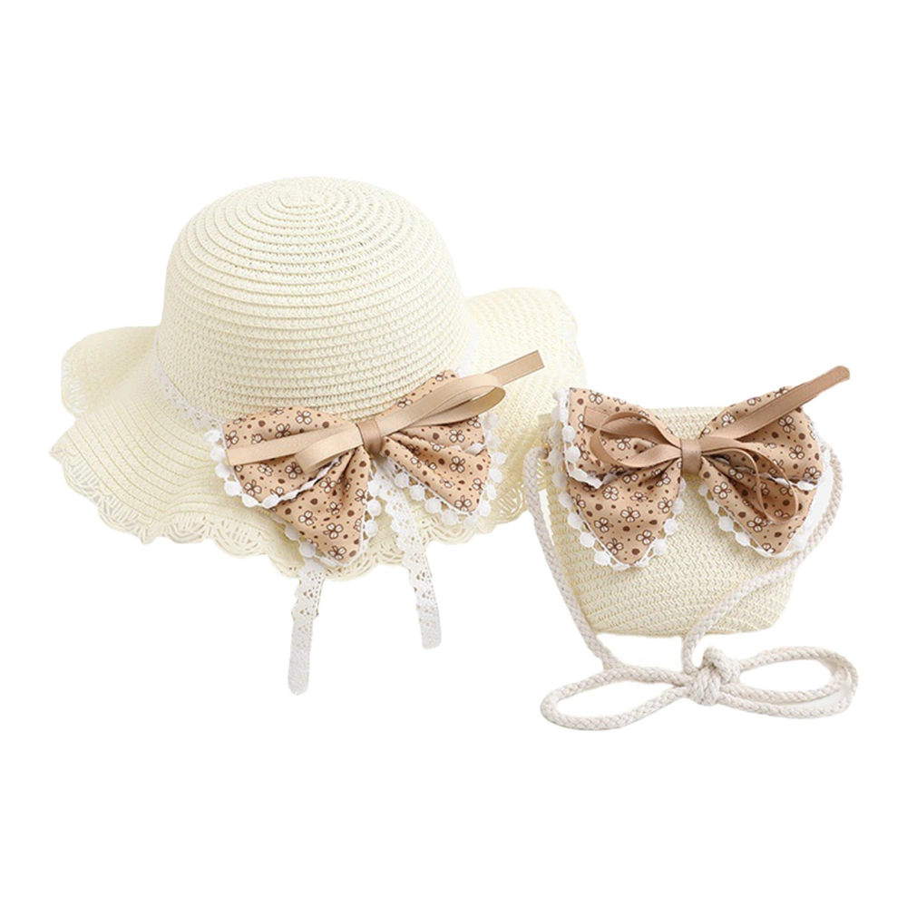 Kids Girl Bowler Straw Hat Summer Bowknot Sun Caps and Shoulder Bag