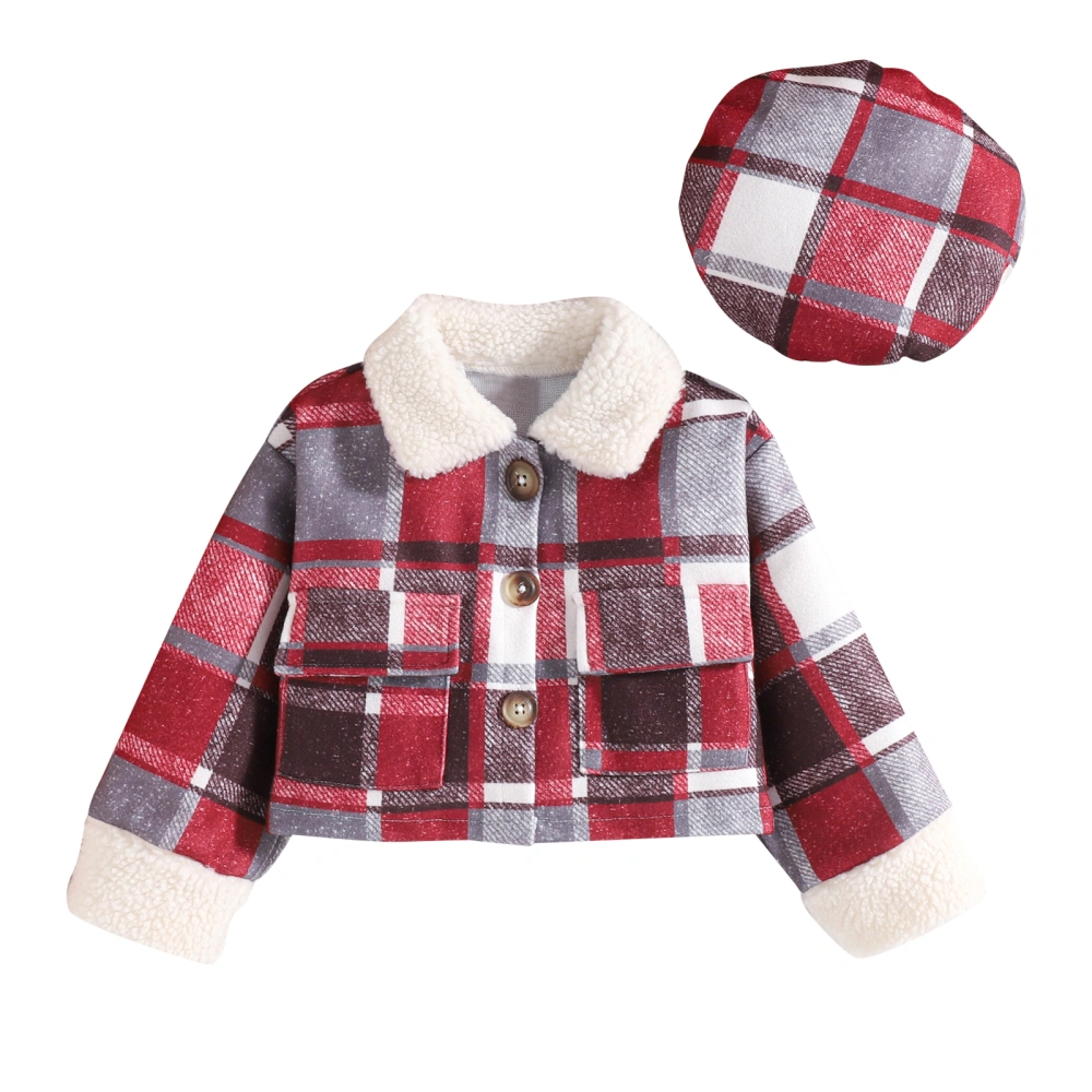 Kids Baby Girls Plaid Jacket Warm Button Down Jackets and Beret Hat