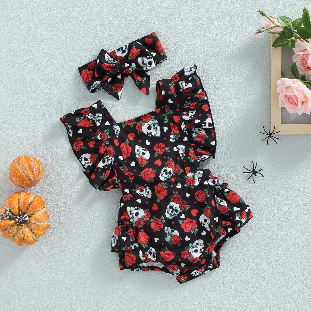 Baby Girl Halloween Outfit, Rose Skull Print Ruffle Romper + Hairband