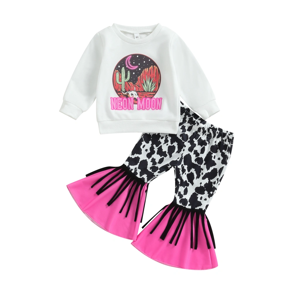 Girls Pants Set, Letters Print Sweatshirt Cow Pattern Tasseled Pants