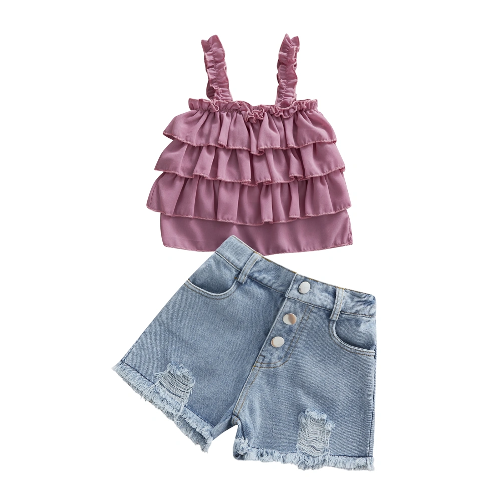 Girls 2Pcs Summer Outfits, Ruffle Tank Tops + Ripped Denim Shorts Set