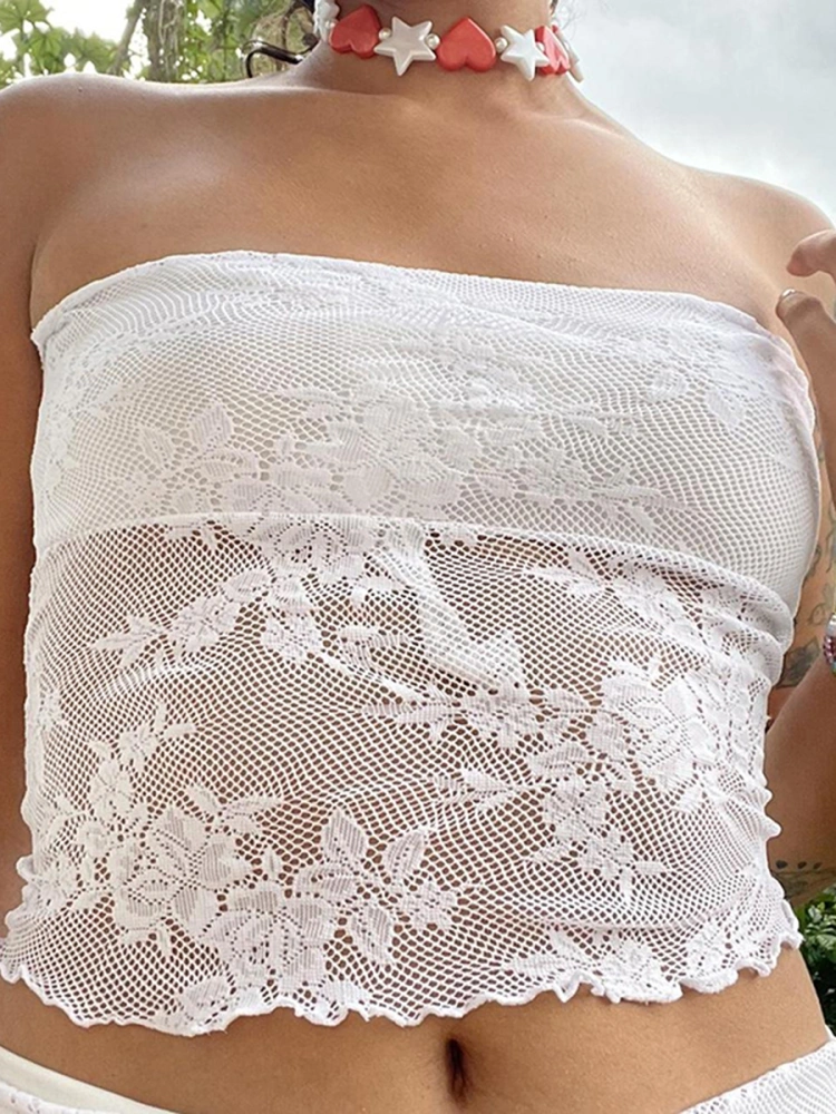 Women Summer Outfits Lace Bandeau and Irregular Mini A-line Skirt