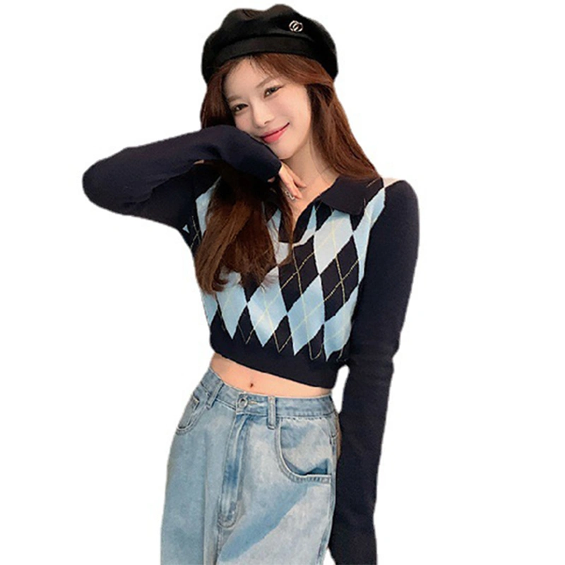 Women's Argyle Print Crop Tops, Long Sleeve Lapel V Neck T-Shirts